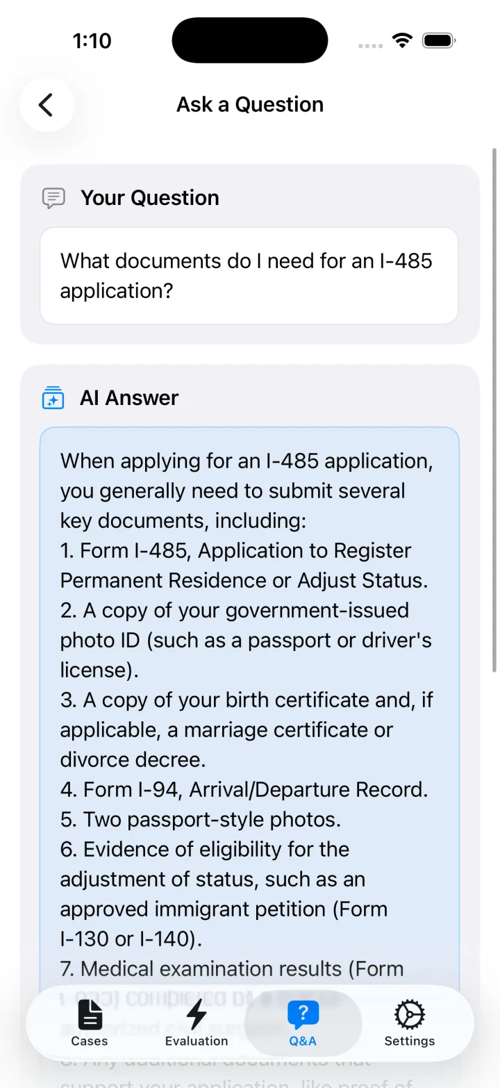 Ask a Question screen with an AI answer listing documents needed for an I-485 application